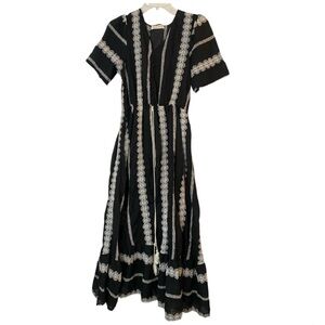 Paris Boho Embroidery Black Cotton Blend Midi Dress Fairy Cottage T.U One Size